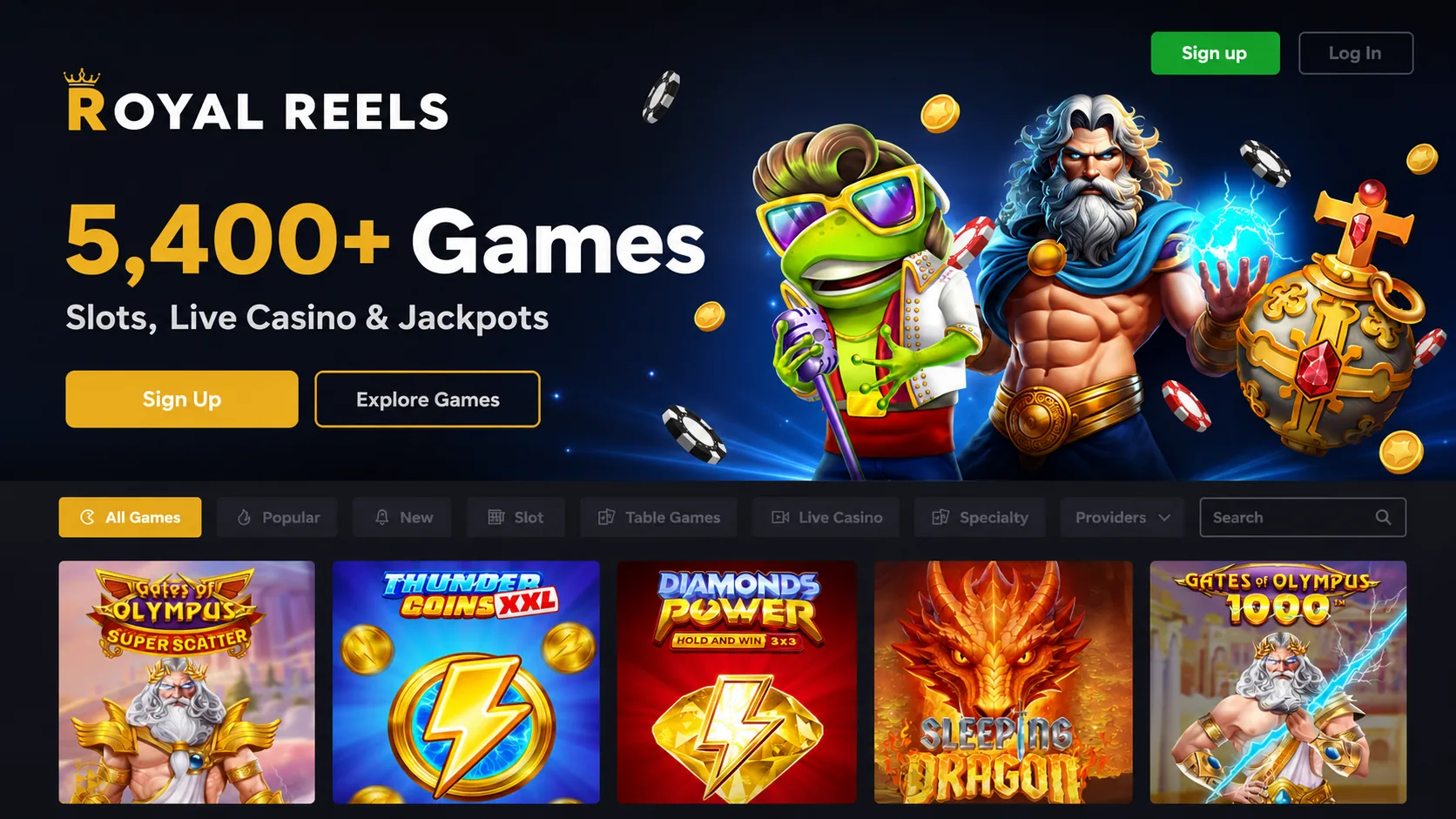 Royal Reels casino games lobby with pokies and jackpots