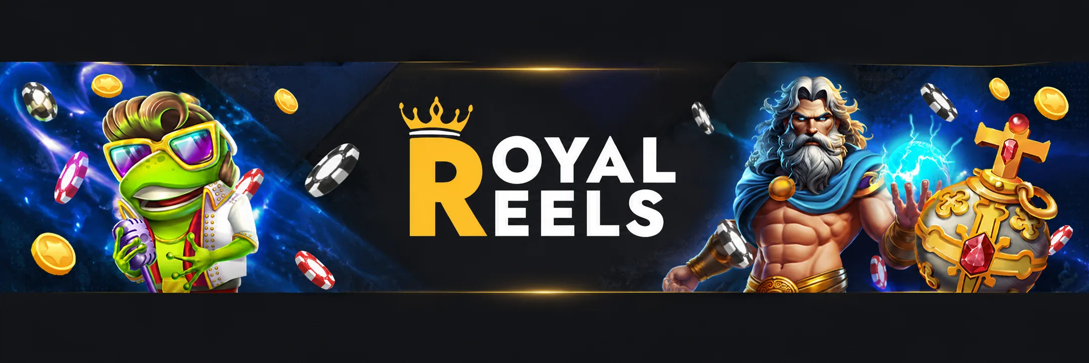 Royal Reels casino banner with royal characters and coins